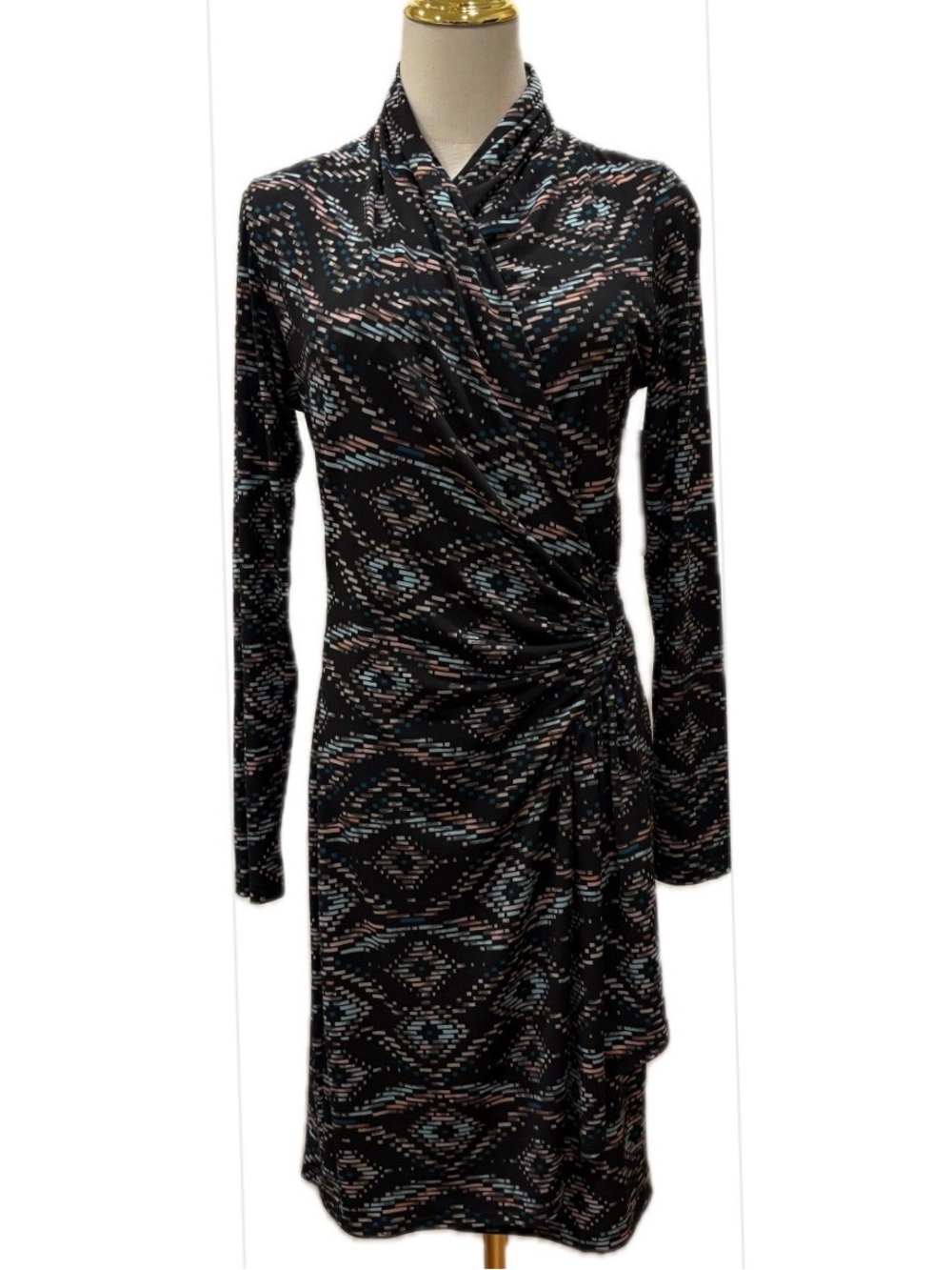 Karen Kane NWT Black Geometric Faux Wrap Ruched Long Sleeve Hi-Neck Dress M